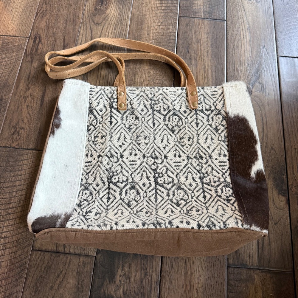 Myra Bag Cowhide Canvas Geometric Tote Bag Brown White Inspirational Quote Large